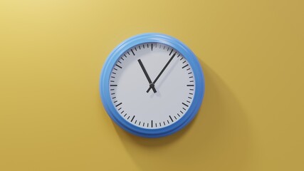 Glossy blue clock on a orange wall at six past eleven. Time is 11:06 or 23:06