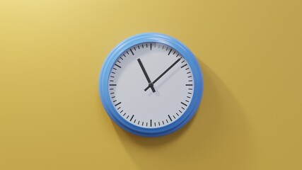 Glossy blue clock on a orange wall at eight past eleven. Time is 11:08 or 23:08