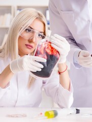 Woman female doctor looking at blood samples in bag