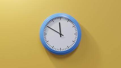 Glossy blue clock on a orange wall at ten to zero. Time is 11:50 or 23:50