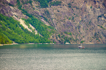 Fototapeta na wymiar Fjord landscape with ship, Norway