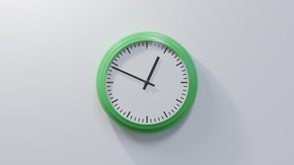 Glossy green clock on a white wall at forty-nine past twelve. Time is 00:49 or 12:49