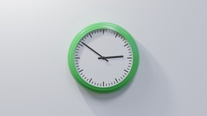 Glossy green clock on a white wall at fifty-one past two. Time is 02:51 or 14:51