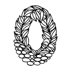 Hand of dawn vector letter O isolated on white background. English alphabet capital letters with a pattern of plants and stones. Beautiful natural illustration. Typographic Template. Eps 8.