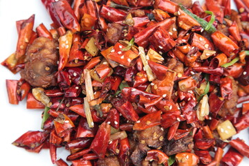 Close up of  popular Chinese Sichuan province Cuisine Chongqing style fried chicken with hot chilli