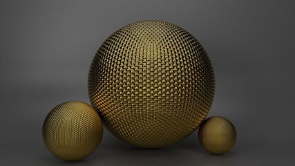 3d render three golden spheres
