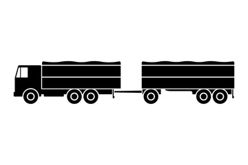 Grain truck icon. Side view. Vehicle with a trailer. Black silhouette. Vector flat graphic illustration. The isolated object on a white background. Isolate. © far700