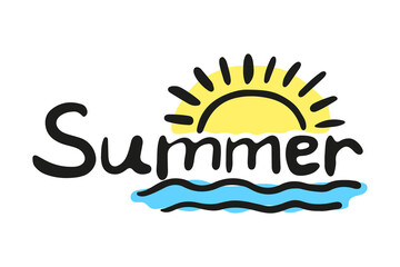 Summer text, sun and sea. Template for a banner. Vector flat graphic hand drawn illustration. The isolated object on a white background. Isolate.