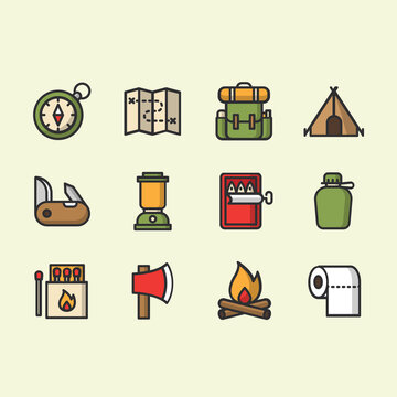Camping icons. Vector illustration design. Holiday vector illustration. Outdoor recreation activity. Symbol set. Summer, picnic, nature. Summer forest. Summer travel map. Icon set.