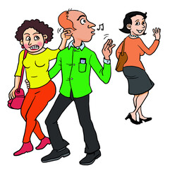 Cartoon the man looking another woman and Jealous wife