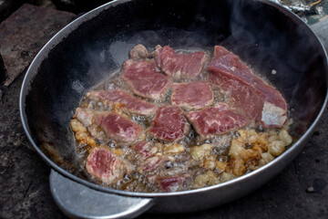 grilled beef steak with rosemary on frying pan. Beef is fried in a frying pan
