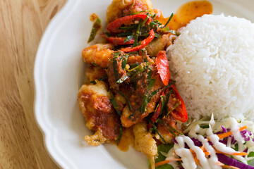 chicken fried in a spicy sauce and rice, Thai
