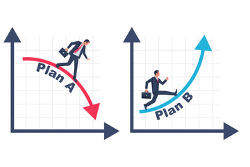 Businessman running business graph on up and down. Business metaphor. Plan A and plan B. Vector illustration flat design. Success solution and failure.