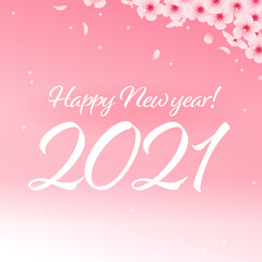 Chinese new year congratulation card, invitation, calendar design. Floral decor elements cherry blossom flowers and petals, congratulation and 2021 numerals. Vector  flat illustration.