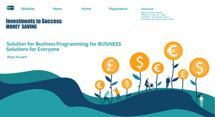 Modern flat design concept website or app page. Financial services, banking, strategic planning, development, business solutions, consulting, market research, teamwork, data analyse, support, security