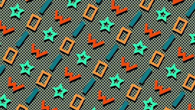 Modern trendy flat seamless looping background with moving abstract symbols and grid. Green and orange colors. Shape animation. HD video