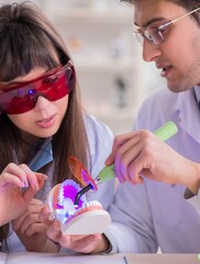 Doctor explaining to assistant how to use ultraviolet gun