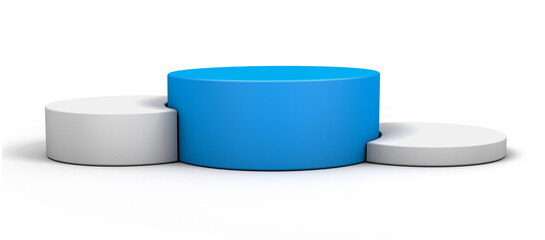 Blue and white podium in cylinder shape for winner and product display with clipping path. 3d illustration.