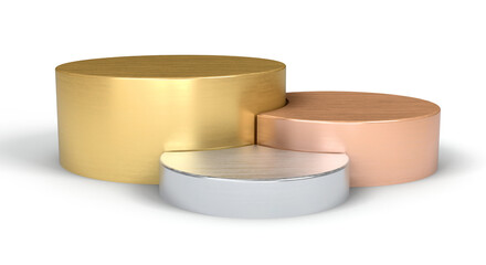 Gold, bronze and silver podium in cylinder shape for winner and product display with clipping path. 3d illustration.