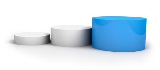 Blue and white podium in cylinder shape for winner and product display with clipping path. 3d illustration.
