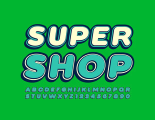 Vector advertising banner Super Shop. Youth style Font. Trendy Alphabet Letters and Numbers set