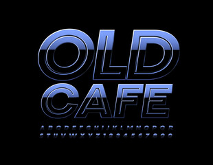 Vector classic emblem Old Cafe. Drk Metallic Font. Creative Glossy Alphabet Letters and Numbers