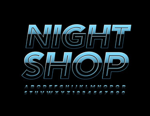 Obraz premium Vector modern banner Night Shop. Metallic Dark Font. Creative reflective Alphabet letters and Numbers
