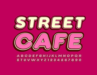 Vector trendy sign Street Cafe with Bright Pink Font. Retro style Alphabet Letters and Number set