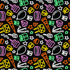 Hand drawn seamless pattern with birthday elements. Creative vector texture with cake, gift, trumpet, balloon