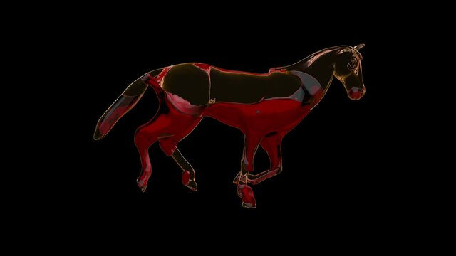 Glass horse filled with red liquid, running seamless loop, Alpha Channel