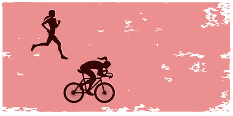 Fototapeta na wymiar World Car Free Day. Cyclist and runner - grunge style abstract background. Banner horizontal