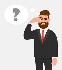 Thoughtful young businessman holding or touching finger on forehead. Question mark in the thought bubble. Trendy person thinking and looking up. Hipster character illustration in vector cartoon style.