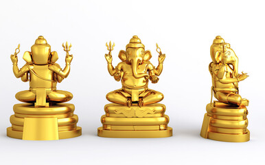 Fototapeta na wymiar Golden Ganesha isolated on white background with copy space, Indian God of Arts. Happy ganesh chaturti, Cheerful and bright spiritual statue, 3d illustration.