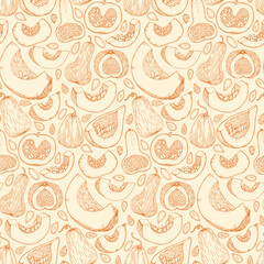Vector botanical seamless pattern with pumpkins in sketch style. Flat pastel background of pumpkins, squash and seeds. Cute autumn texture for thanksgiving, harvest and halloween.