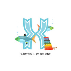 ABC Nursery Decor Print. Letter X is for x-ray fish and xylophone