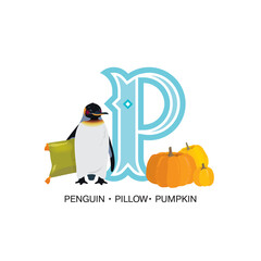 ABC Nursery Decor Print. Letter P is for penguin with pillow and pumpkin