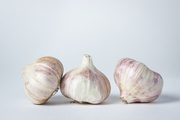 Garlic on a white background. Three garlic in the middle of the frame. Agriculture concept