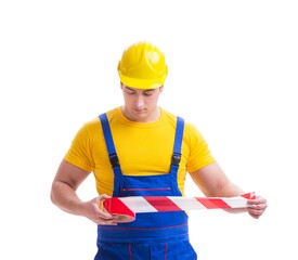 Funny worker wearing coveralls with tape