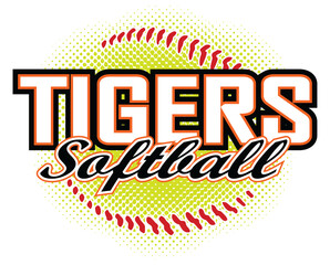 Tigers Softball Design is a tigers mascot design template that includes team text and a stylized softball graphic in the background. Great for team or school t-shirts, promotions and advertising.