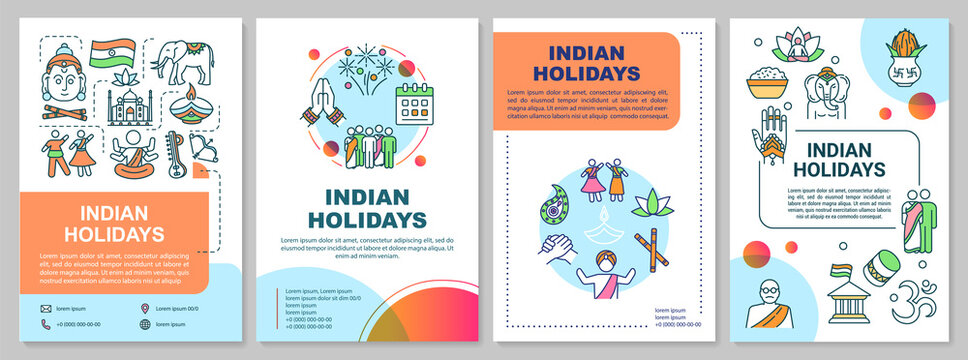 Indian holidays brochure template. National festivals in India flyer, booklet, leaflet print, cover design with linear icons. Vector layouts for magazines, annual reports, advertising posters