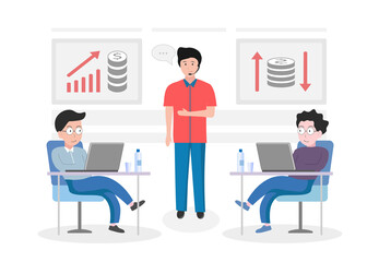 Vector illustration of a business project, project presentation. Training in business strategy, Finance and marketing. Business conference.