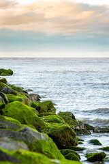 moss covered rock jetty Atlantic Ocean coastline