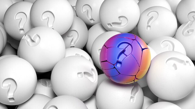 3D background, balls with a question mark, hero ball broken. 