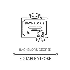 Bachelors degree pixel perfect linear icon. Higher education thin line customizable illustration. Contour symbol. Student diploma, academic certificate vector isolated outline drawing. Editable stroke