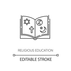 Religious education pixel perfect linear icon. Theology subject thin line customizable illustration. Contour symbol. Studying religion. Vector isolated outline drawing. Editable stroke