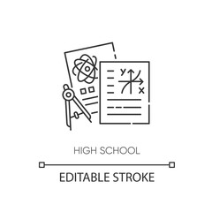 High school pixel perfect linear icon. Secondary education, academic subjects thin line customizable illustration. Contour symbol. Highschool tests. Vector isolated outline drawing. Editable stroke