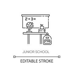 Junior school pixel perfect linear icon. Primary education establishment, studying basic sciences thin line customizable illustration. Contour symbol. Vector isolated outline drawing. Editable stroke