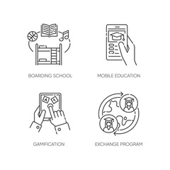 Modern learning opportunities pixel perfect linear icons set. Mobile education and student exchange Customizable thin line contour symbols. Isolated vector outline illustrations. Editable stroke