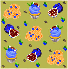 Desserts with figs and blueberries on the mustarg backgraund