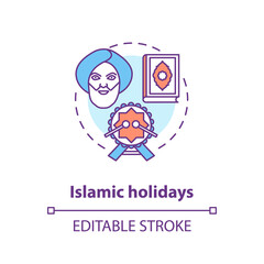 Islamic holidays concept icon. Religious celebrations in India, islam idea thin line illustration. Prophet muhammad, quran and festive drum vector isolated outline RGB color drawing. Editable stroke